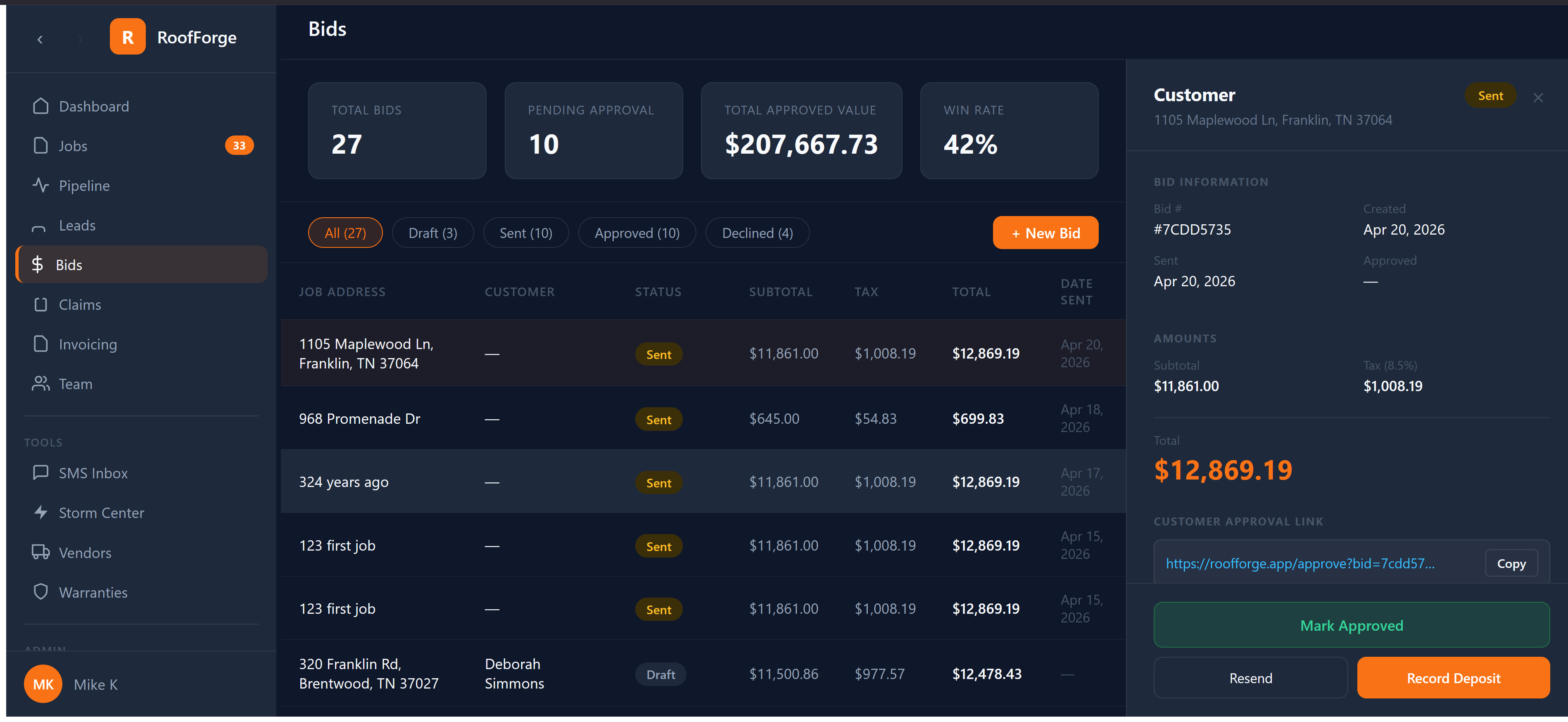 Desktop bids screen